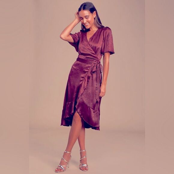 Lulus Dress Wrapped Up In Love Burgundy Satin Faux-Wrap Midi Dress Sz M  NWT - Picture 1 of 9